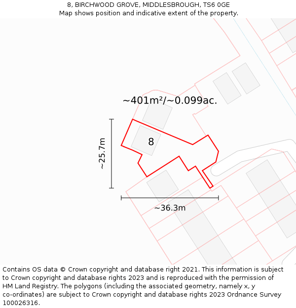 8, BIRCHWOOD GROVE, MIDDLESBROUGH, TS6 0GE: Plot and title map
