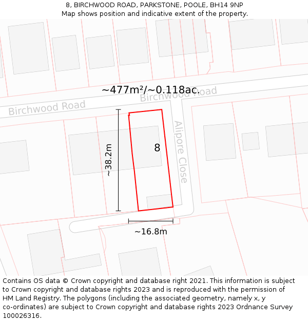 8, BIRCHWOOD ROAD, PARKSTONE, POOLE, BH14 9NP: Plot and title map