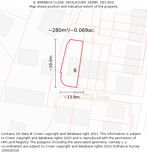 8, BIRKBECK CLOSE, MICKLEOVER, DERBY, DE3 9DQ: Plot and title map