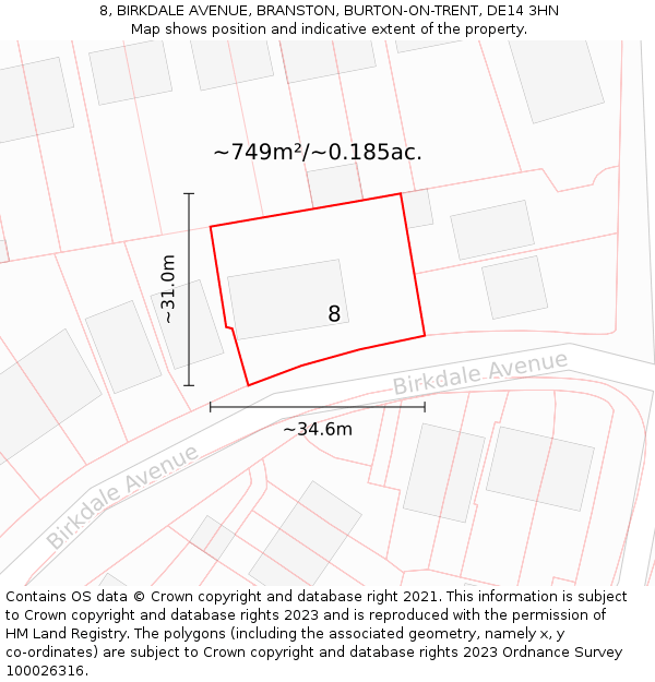 8, BIRKDALE AVENUE, BRANSTON, BURTON-ON-TRENT, DE14 3HN: Plot and title map