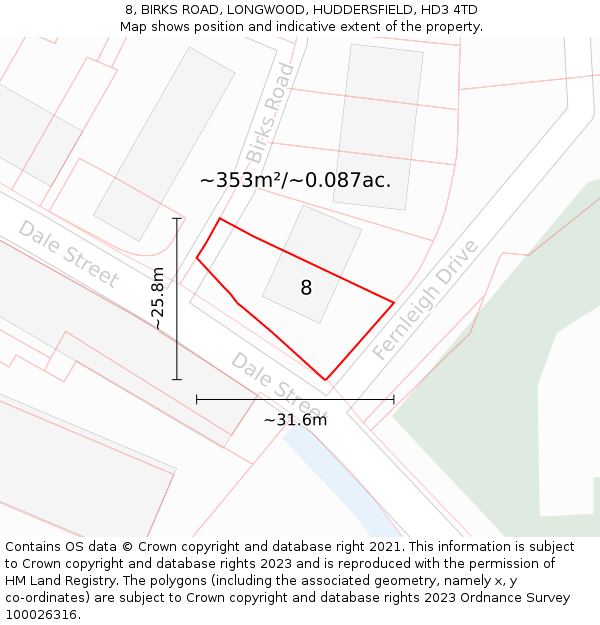 8, BIRKS ROAD, LONGWOOD, HUDDERSFIELD, HD3 4TD: Plot and title map