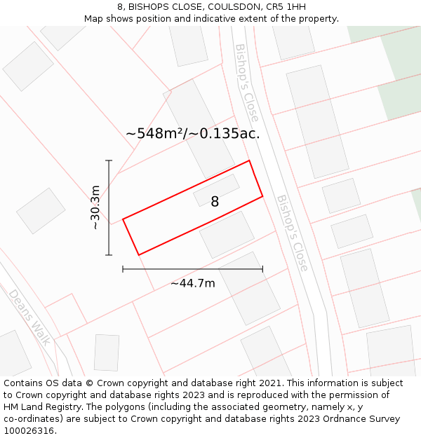 8, BISHOPS CLOSE, COULSDON, CR5 1HH: Plot and title map