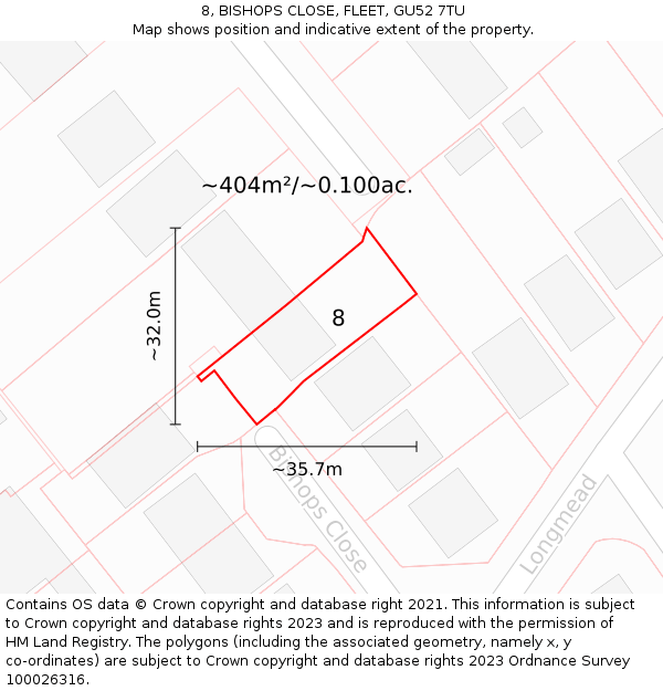 8, BISHOPS CLOSE, FLEET, GU52 7TU: Plot and title map