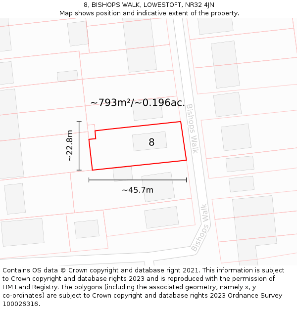 8, BISHOPS WALK, LOWESTOFT, NR32 4JN: Plot and title map