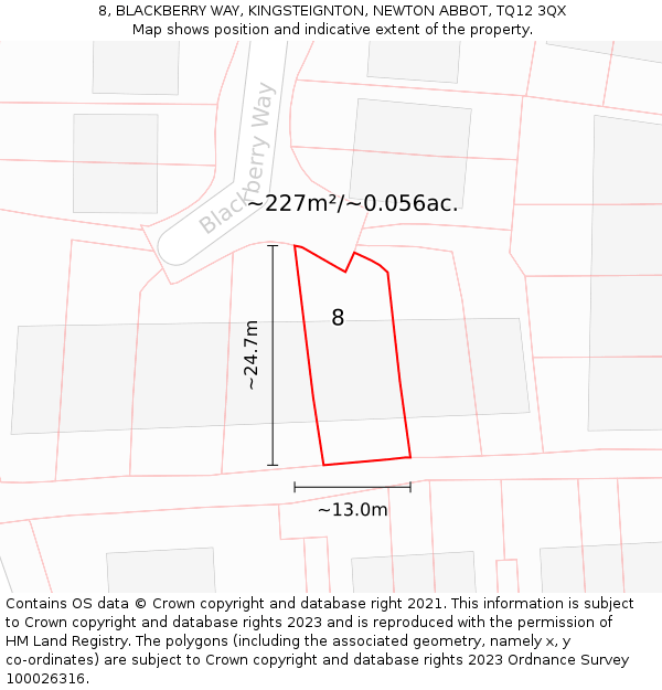8, BLACKBERRY WAY, KINGSTEIGNTON, NEWTON ABBOT, TQ12 3QX: Plot and title map