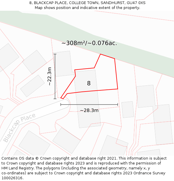 8, BLACKCAP PLACE, COLLEGE TOWN, SANDHURST, GU47 0XS: Plot and title map
