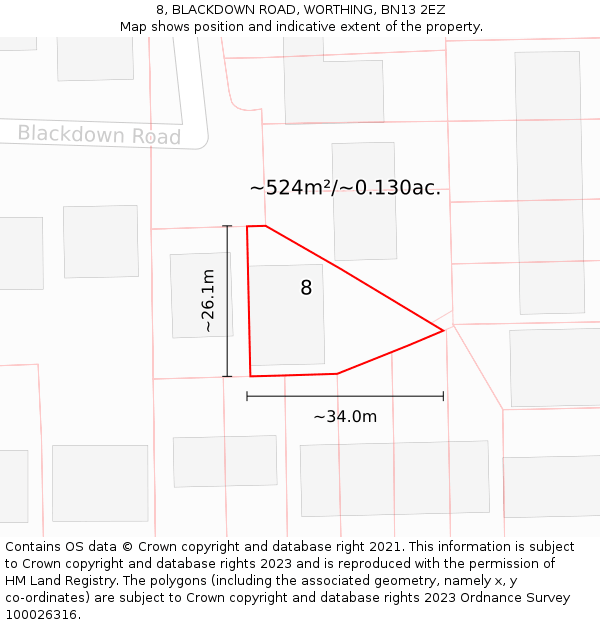 8, BLACKDOWN ROAD, WORTHING, BN13 2EZ: Plot and title map