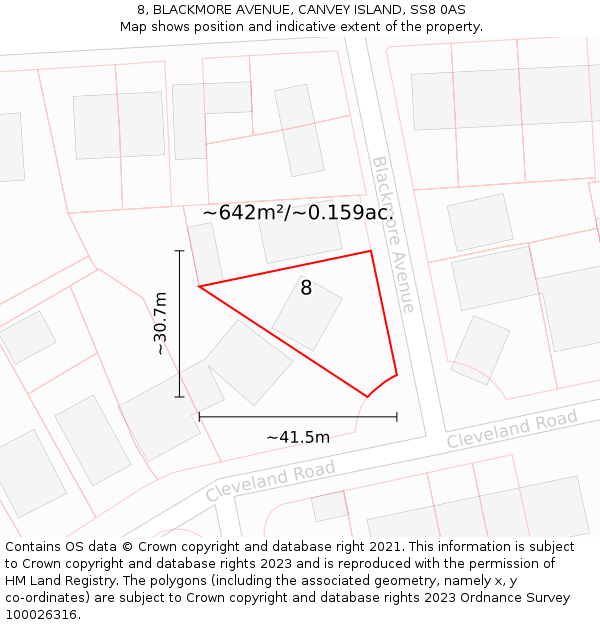 8, BLACKMORE AVENUE, CANVEY ISLAND, SS8 0AS: Plot and title map