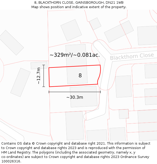 8, BLACKTHORN CLOSE, GAINSBOROUGH, DN21 1WB: Plot and title map