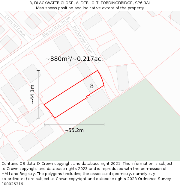 8, BLACKWATER CLOSE, ALDERHOLT, FORDINGBRIDGE, SP6 3AL: Plot and title map