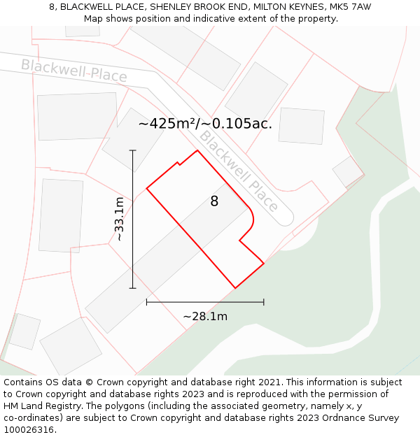 8, BLACKWELL PLACE, SHENLEY BROOK END, MILTON KEYNES, MK5 7AW: Plot and title map