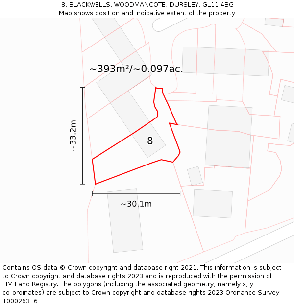 8, BLACKWELLS, WOODMANCOTE, DURSLEY, GL11 4BG: Plot and title map
