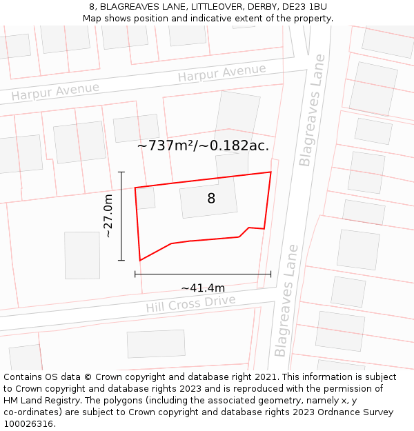 8, BLAGREAVES LANE, LITTLEOVER, DERBY, DE23 1BU: Plot and title map