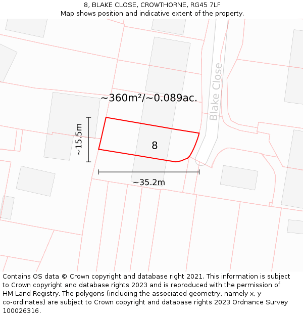8, BLAKE CLOSE, CROWTHORNE, RG45 7LF: Plot and title map