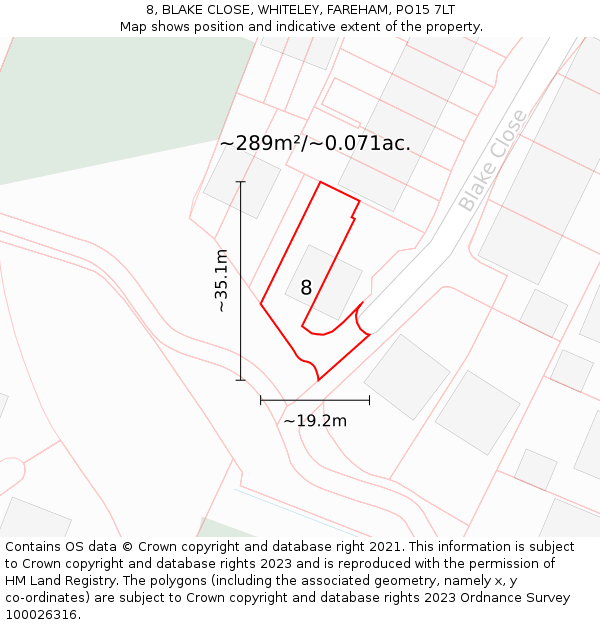 8, BLAKE CLOSE, WHITELEY, FAREHAM, PO15 7LT: Plot and title map