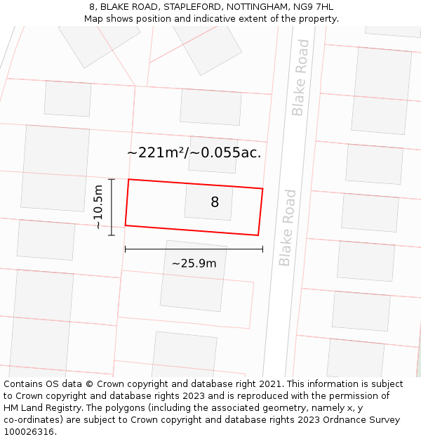 8, BLAKE ROAD, STAPLEFORD, NOTTINGHAM, NG9 7HL: Plot and title map