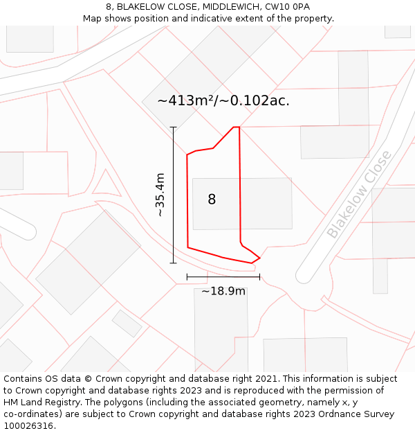 8, BLAKELOW CLOSE, MIDDLEWICH, CW10 0PA: Plot and title map
