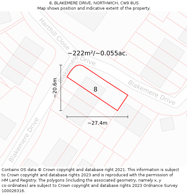 8, BLAKEMERE DRIVE, NORTHWICH, CW9 8US: Plot and title map