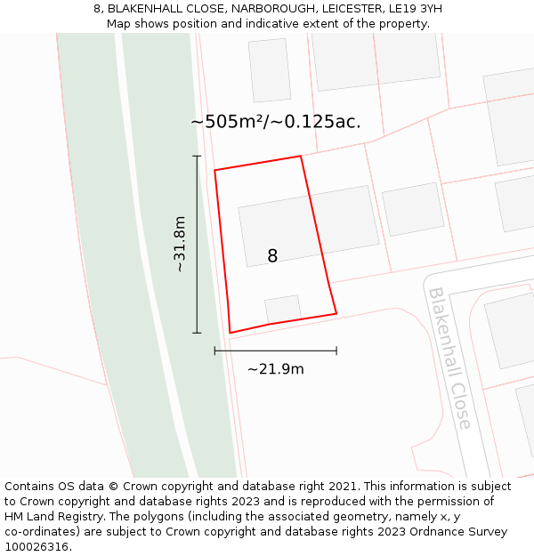 8, BLAKENHALL CLOSE, NARBOROUGH, LEICESTER, LE19 3YH: Plot and title map