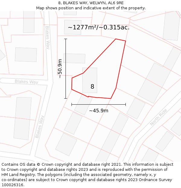 8, BLAKES WAY, WELWYN, AL6 9RE: Plot and title map