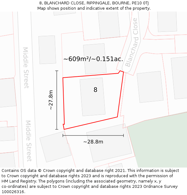 8, BLANCHARD CLOSE, RIPPINGALE, BOURNE, PE10 0TJ: Plot and title map