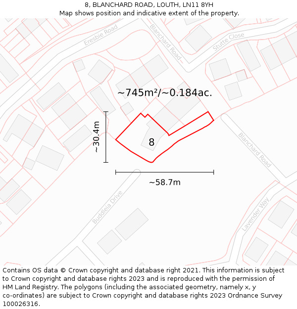 8, BLANCHARD ROAD, LOUTH, LN11 8YH: Plot and title map