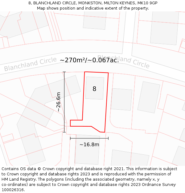 8, BLANCHLAND CIRCLE, MONKSTON, MILTON KEYNES, MK10 9GP: Plot and title map