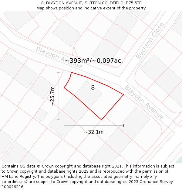 8, BLAYDON AVENUE, SUTTON COLDFIELD, B75 5TE: Plot and title map