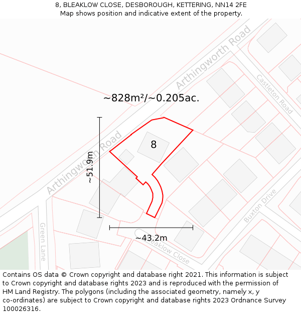 8, BLEAKLOW CLOSE, DESBOROUGH, KETTERING, NN14 2FE: Plot and title map