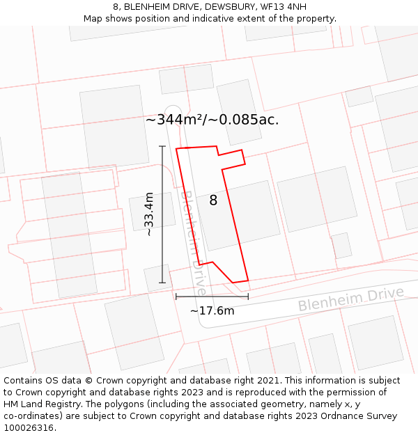 8, BLENHEIM DRIVE, DEWSBURY, WF13 4NH: Plot and title map