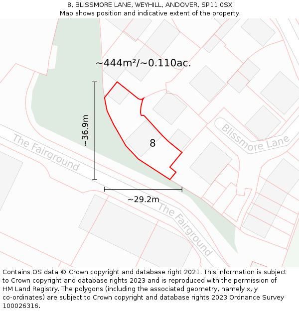 8, BLISSMORE LANE, WEYHILL, ANDOVER, SP11 0SX: Plot and title map