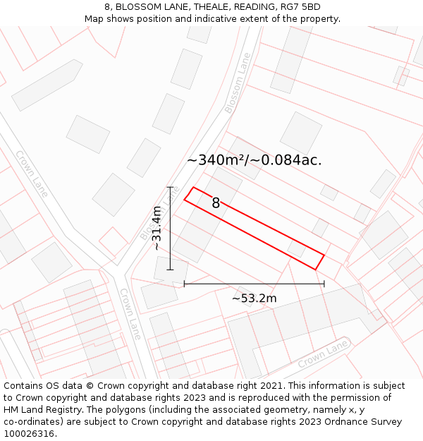 8, BLOSSOM LANE, THEALE, READING, RG7 5BD: Plot and title map