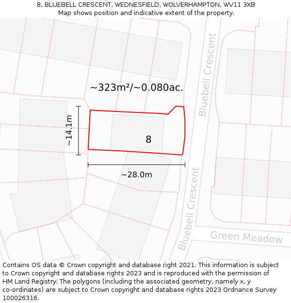 8, BLUEBELL CRESCENT, WEDNESFIELD, WOLVERHAMPTON, WV11 3XB: Plot and title map