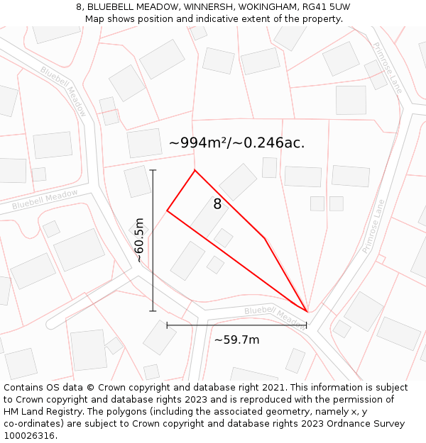 8, BLUEBELL MEADOW, WINNERSH, WOKINGHAM, RG41 5UW: Plot and title map