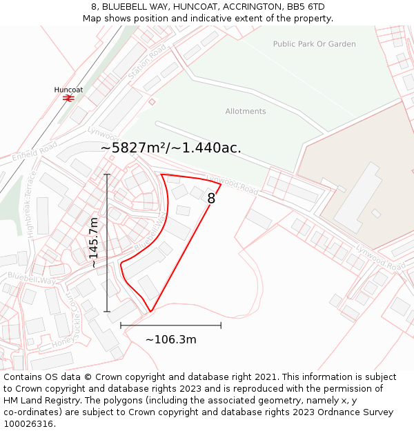 8, BLUEBELL WAY, HUNCOAT, ACCRINGTON, BB5 6TD: Plot and title map