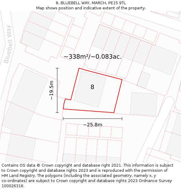 8, BLUEBELL WAY, MARCH, PE15 9TL: Plot and title map
