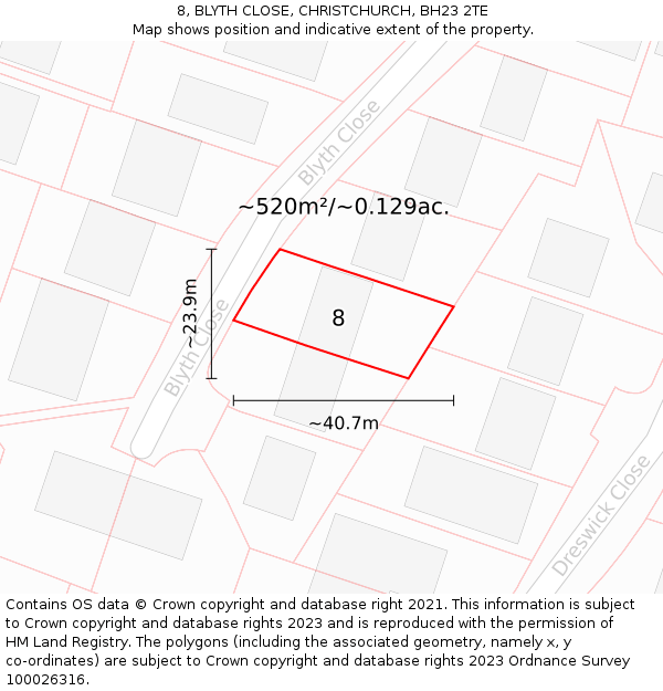 8, BLYTH CLOSE, CHRISTCHURCH, BH23 2TE: Plot and title map