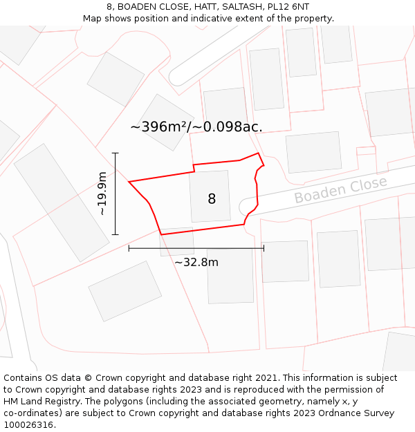 8, BOADEN CLOSE, HATT, SALTASH, PL12 6NT: Plot and title map