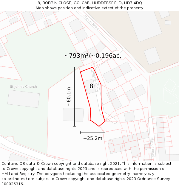 8, BOBBIN CLOSE, GOLCAR, HUDDERSFIELD, HD7 4DQ: Plot and title map