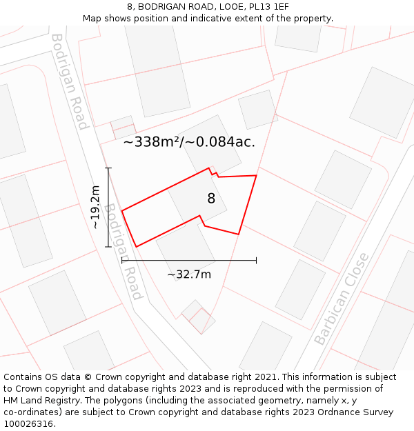8, BODRIGAN ROAD, LOOE, PL13 1EF: Plot and title map