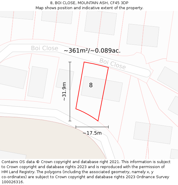 8, BOI CLOSE, MOUNTAIN ASH, CF45 3DP: Plot and title map