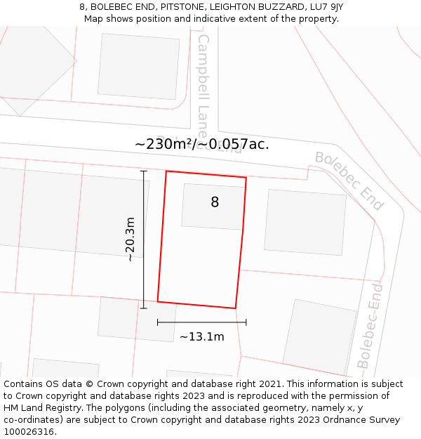 8, BOLEBEC END, PITSTONE, LEIGHTON BUZZARD, LU7 9JY: Plot and title map