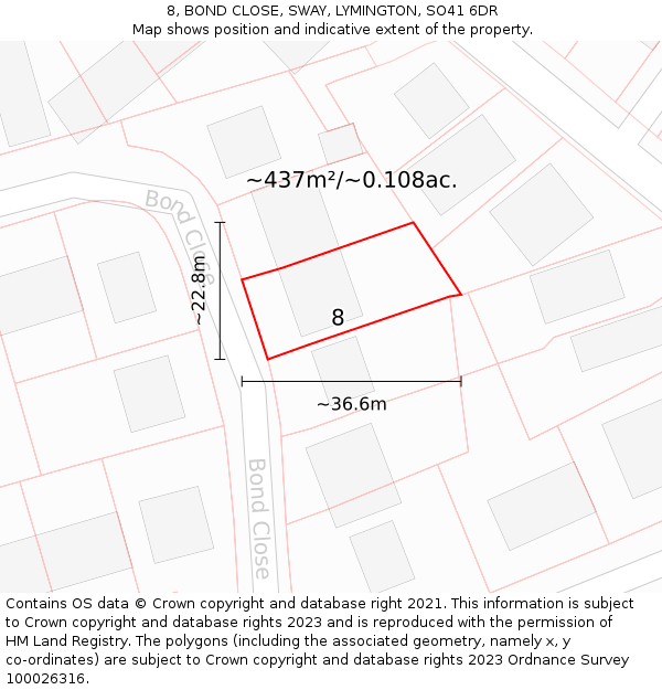 8, BOND CLOSE, SWAY, LYMINGTON, SO41 6DR: Plot and title map