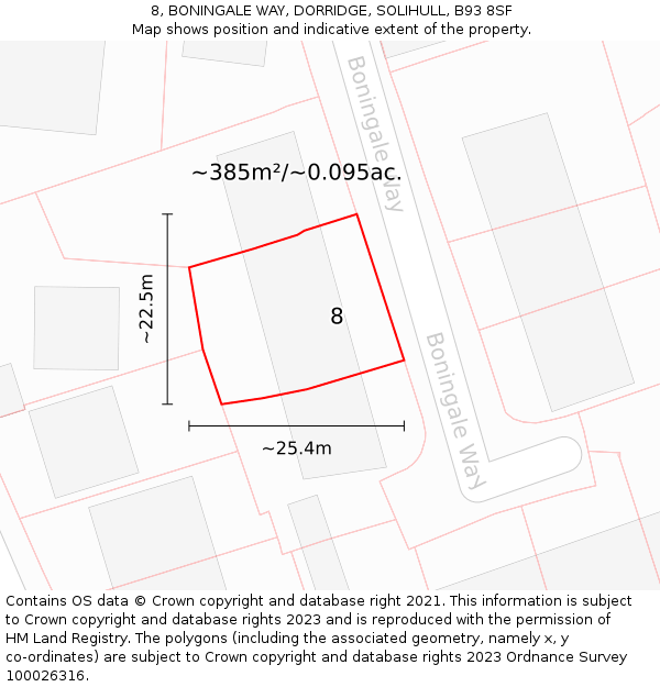 8, BONINGALE WAY, DORRIDGE, SOLIHULL, B93 8SF: Plot and title map