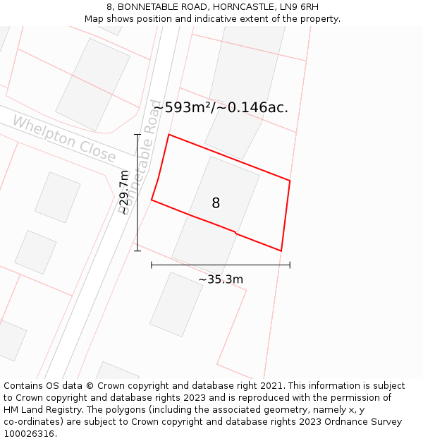 8, BONNETABLE ROAD, HORNCASTLE, LN9 6RH: Plot and title map