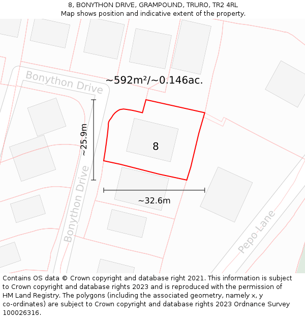 8, BONYTHON DRIVE, GRAMPOUND, TRURO, TR2 4RL: Plot and title map