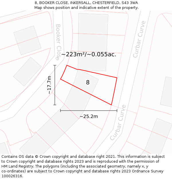 8, BOOKER CLOSE, INKERSALL, CHESTERFIELD, S43 3WA: Plot and title map