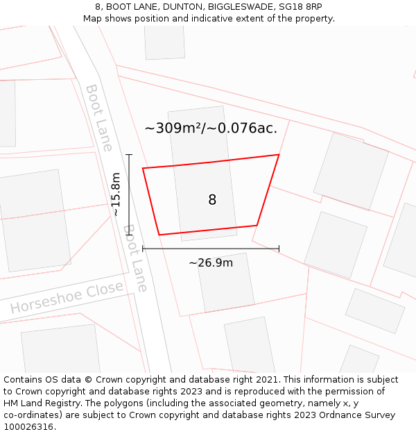 8, BOOT LANE, DUNTON, BIGGLESWADE, SG18 8RP: Plot and title map