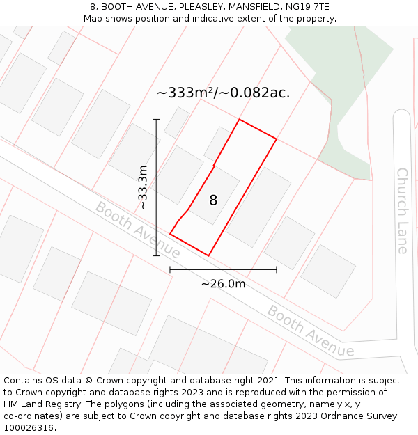 8, BOOTH AVENUE, PLEASLEY, MANSFIELD, NG19 7TE: Plot and title map