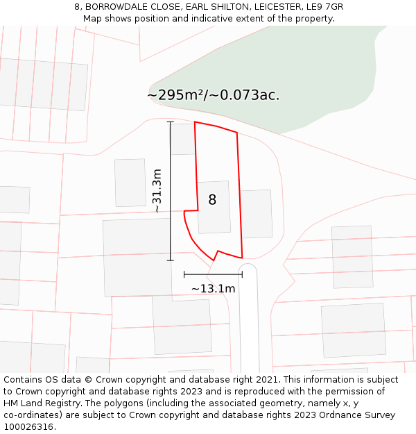 8, BORROWDALE CLOSE, EARL SHILTON, LEICESTER, LE9 7GR: Plot and title map